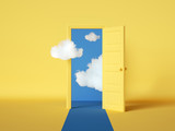 Fototapeta  - 3d rendering, white clouds flying out and going through the open door, objects isolated on bright yellow background. Abstract metaphor, modern minimal concept. Surreal dream scene