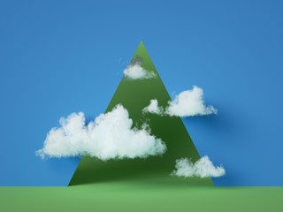 Wall Mural - 3d render, geometrical background with white clouds. Green triangular hole in the blue wall