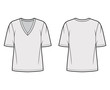 © Vectoressa - Cotton-jersey t-shirt technical fashion illustration with plunging V-neckline, elbow sleeves, tunic length, oversized. Flat outwear basic apparel template front back grey color. Women men unisex top