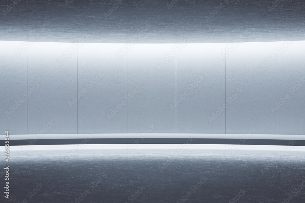 Modern gray gallery hall with blank wall and ceiling lighting - obrazy, fototapety, plakaty 