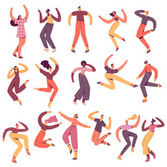 Group of young happy dancing people. Male and female dancers isolated on white background. Smiling young men and women enjoying dance party. Stock vector illustration in flat trendy style.