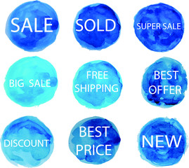 Blue watercolor sale  price labels and round shapes on transparent background. EPS 10