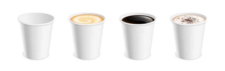 Wall Mural - White realistic coffee mug. Hot cup latte mocha cocoa cappuccino, americano or espresso for breakfast. Isolated 3d takeaway drink vector set. Cappuccino cup, mug mocha illustration