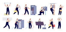 Electricity Workers. Technicians Services, Professional Man In Uniform. Electrician Repair Safety, Isolated Maintenance Engineer Vector Set. Electrician And Repairman, Technician Service Illustration