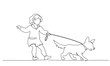 © Valenty - Continuous one line drawning. Little cute girl with dog on leash
