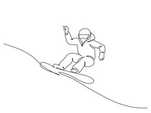 Young Snowboarder Man Ride Fast Snowboard At Snowy Mountain.