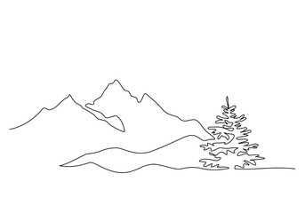 Wall Mural - Mountain landscape, drawn in one line. Continuous line. Travels. Minimalistic graphics. Mountains and spruce.