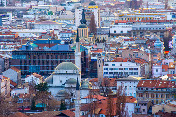 Wall Mural - View to the Gazi Husrev Bey mosque and clock tower in Sarajevo