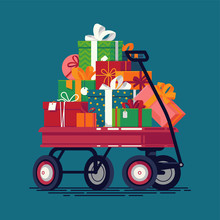 Cool Vector Holiday Season Themed Illustration With Kids Toy Wagon Loaded With Gift And Present Boxes. Christmas Gifts Stacked On Red Wagon