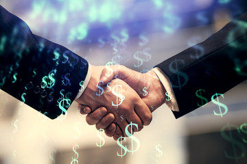 Double exposure of forex graph hologram and handshake of two men. Stock market concept.