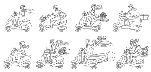 Wall Mural - Cartoon people riding scooters - flat colorless set of couples and others