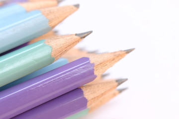 Close up pencil on table background and office supplies space for text