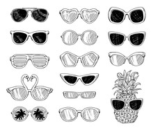 Black And White Tropical Sunglasses Drawing Set Isolated On White Background