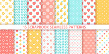 Scrapbook Seamless Pattern. Vector. Cute Backgrounds. Set Textures With Polka Dots, Flowers, Fruits, Hearts And Leaves. Retro Prints. Pastel Colors Illustration. Trendy Packing Papers. Chic Backdrops.