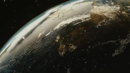 Wall Mural - video of planet or cosmic aerial flyby. camera moves towards a planet or a dead planet while stars f