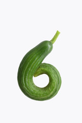 Green curly cucumber in a shape of the figure six or nine