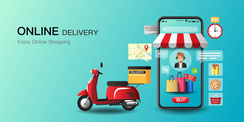 Wall Mural - Online shopping on application and website concept, fast scooter service, digital marketing, banner, app, delivery parcels, or food to home and office. Vector illustration.
