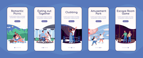 Wall Mural - fun date ideas onboarding mobile app screen flat vector template. eating together. theme park. walkt