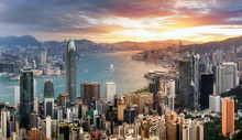 Hong Kong Panorama - Dramatic Sunrise From Victoria Peak