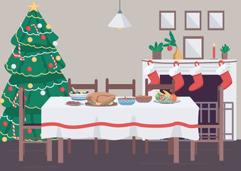 Wall Mural - Christmas dinner table flat color vector illustration. Traditional New Year celebration banquet. Stockings and Christmas pine tree. Festive 2D cartoon interior with decoration on background