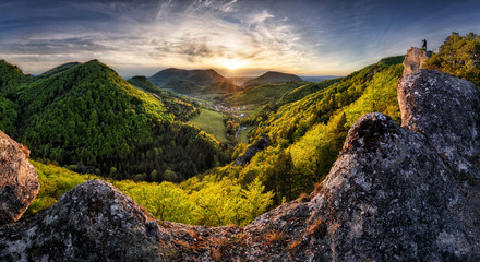 Aufkleber - Amazing mountain landscape with colorful vivid sunset on the cloudy sky, natural outdoor travel background. Beauty world.