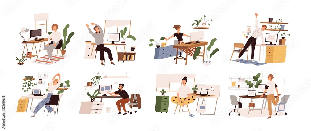 Set of different people practicing workout at workplace vector flat illustration. Collection of various employees doing warm up at office isolated. Man and woman stretch enjoying break - obrazy, fototapety, plakaty 