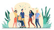 Disabled people help and diversity. Handicapped people with cane and in wheelchair meeting with friends or volunteers. Vector illustration for disability, assistance, diverse society concept