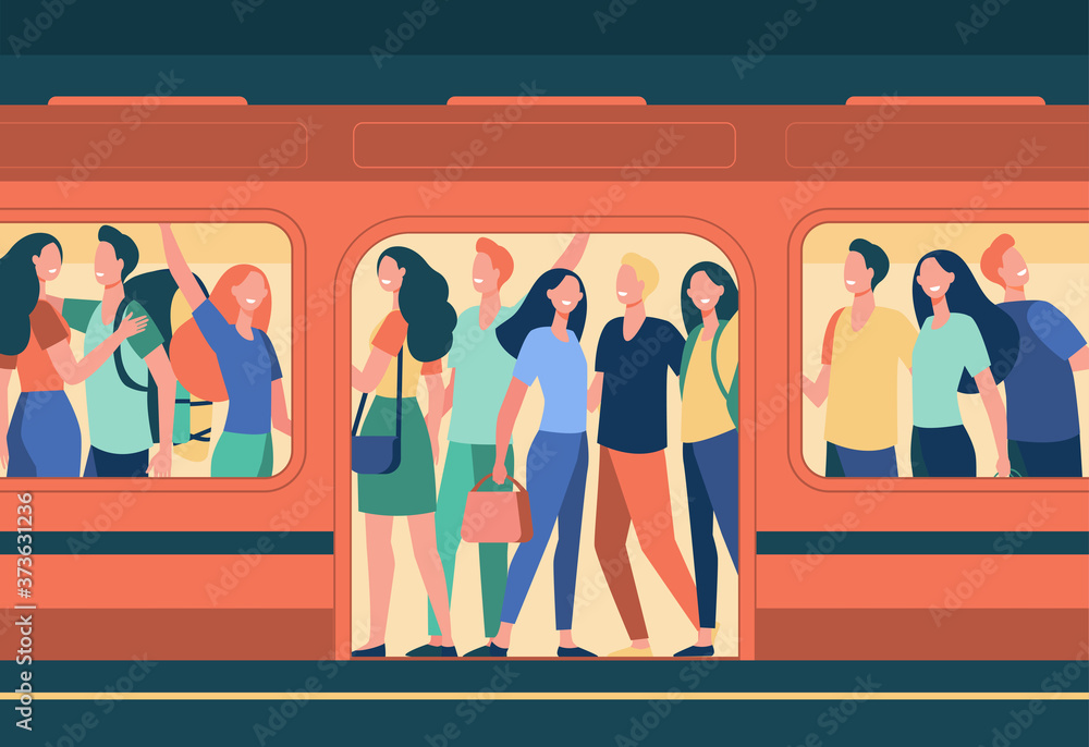 Crowd Of Happy People Travelling By Subway Train Passengers Standing 