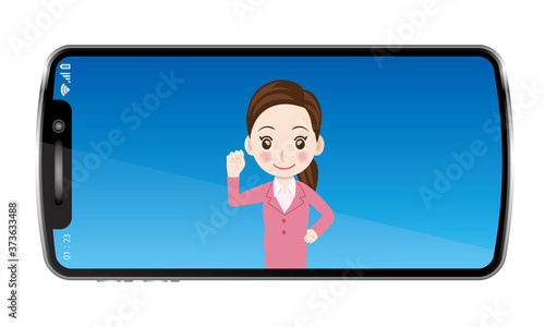 オンライン授業のイメージイラスト スマートフォンに映る授業風景ガッツポーズ女性教師のイラスト塾講師受験 Stock Vector Adobe Stock