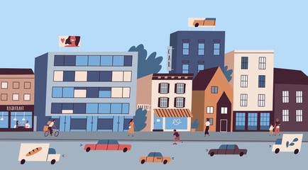 Fototapete - Daily big city life with buildings, citizens, traffic cars vector flat illustration. Architecture or cityscape of megapolis street. Panorama of bustle modern town. Lifestyle of people at metropolis