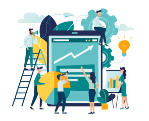 vector illustration people are building a business on the internet. laptop screen with a website. teamwork,promotion of business online, the takeoff rating of the work, ideas