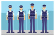 © Tiago Sansou - Ilustração representando quatro Homens e mulheres policiais uniformizados e em pé com expressão de felicidade