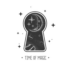 Wall Mural - Magic witchcraft keyhole silhouette with crescent moon on outer space background. Vector illustration