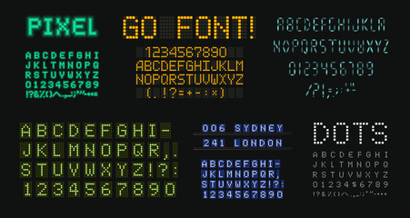 Poster - Digital letters and numbers set. Scoreboard style alphabet. Dot vector typeface designs for score board typographic posters, ads, tech logo, led display on sport events, digital media,motion graphic.