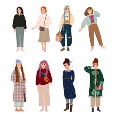 Wall Mural - Set of stylish fashionable young women dressed in trendy clothes. Fashion girl model and trendsetters. Collection of casual and formal outfits. Go shopping. Flat cartoon colorful vector illustration.