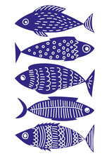 Set Of Stylized Hand-drawn Fish In Blue. For Postcard, Poster, Poster, Brochure, Cover Design, Packaging, Textile, Clothing, Package.
