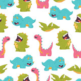 Fototapeta Dinusie - Cute dinosaurs vector cartoon seamless pattern on white background for wallpaper, wrapping, packing, and backdrop.