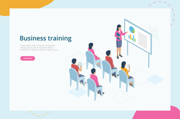  Business And Education Concept. Female Speaker Presents Report Graph On The Board In Front Of Audience. Business Training, Improving Professional Skills. Colorful 3d Isometric Vector Illustration