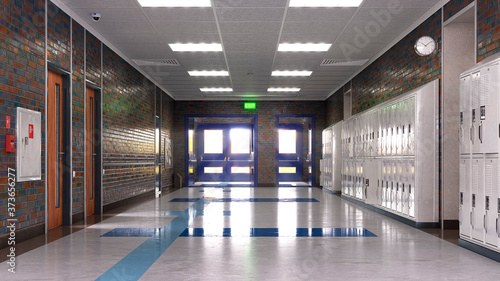Fotomural School corridor with exit door. 3d illustration