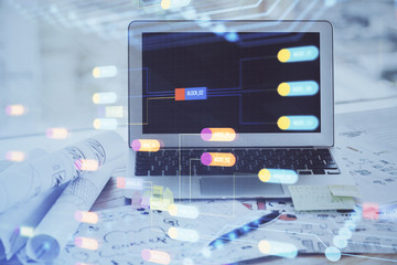 double exposure of desktop computer and technology theme hologram. concept of software development.