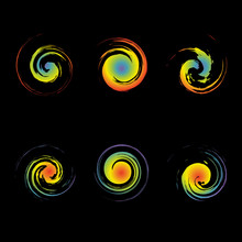 Creative Swirl Vector Symbols Are Similar To The Image Of Hurricane Cyclone Wind, Tropical Typhoon, Spiral Storm, Tornado On A Climate Map. Set Of Color Grunge Curl Logo Isolated On Black Background