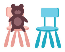 Kids Toy, Teddy Bear Sitting On Chair On White Background Vector Illustration. Children S Toys And Furniture, Baby Room Decor Elements. Toy Character Animal Soft Brown Bear. Little Pink And Blue Chair
