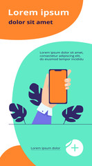 Poster - Human hand holding mobile phone. Person using apps on smartphone flat vector illustration. Technology concept for banner, website design or landing web page