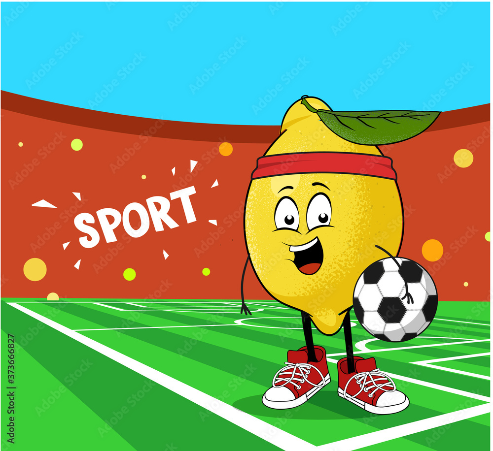 Funny lemon sport character design. Fotball player on the stadium with soccer ball in hand and sneakers. Trendy food illustration for animation in flat style with stroke
