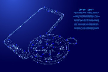 Wall Mural - Smartphone and compass, geographical research concept, positioning from futuristic polygonal blue lines and glowing stars. Vector illustration.