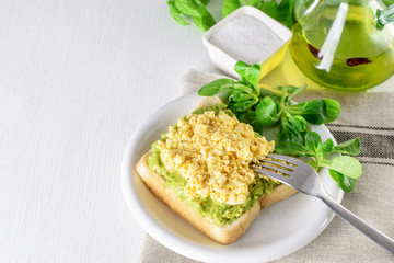 Wall Mural - Toast of avocado and egg, lettuce on the plate. Ketogenic healthy diet breakfast.