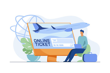 Wall Mural - Tiny man buying ticket online via laptop. Monitor, plane, baggage flat vector illustration. Travelling and digital technology concept for banner, website design or landing web page