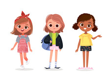 Set Of Happy Little Girl Kids In Different Clothes Casual Outfit. Group Of Stylish Fashionably Wear Dressed Girls Teenagers. Children Baby Fashion. Cartoon Characters School Children Pupil. Vector.