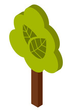 Green tree minimalistic design with a lush crown, thick brown trunk isolated on white background. Flat vector illustration of big plant with foliage round shape, landscape element in cartoon concept