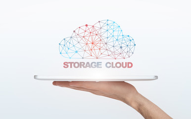 Poster - Online Data Storage. Polygonal Wireframe Cloud Over Digital Tablet In Male Hand